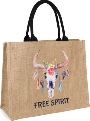 Produktbild von styleBREAKER Leinen Henkeltasche mit Boho Stier Print | Damen Shopper mit Baumwollgriffen und Reißverschluss | Strandtasche Einkaufstasche | 41 x 33 x 17 cm
