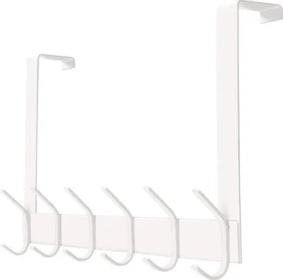 Produktbild von Unyqoos® Türgarderobe zum Aufhängen – weiß, Edelstahl, 12 Haken, 39×20 cm, für Türen bis 4,5 cm, Handtuch- & Kleiderhalter, ohne Bohren