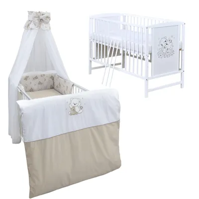 Produktbild von Baby-Delux Babybett Gitterbett Mia weiß 120×60 inkl. Matratze Bettwäsche Set 10tlg Bärchen beige