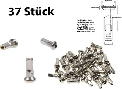 Produktbild von 37 Stück Sapim Speichen Nippel Fahrrad Felge ROSTFREI 1,8mm x 12mm Messing silber