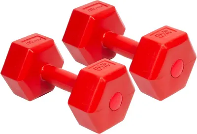 Two red dumbbells on a white background.