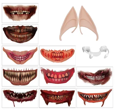 Halloween-Set: 10 Totenkopf-Tattoos, Elfenohren, Vampirzähne