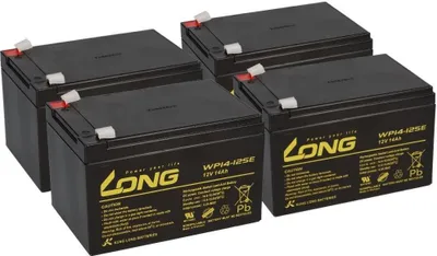 Four black batteries are arranged in a group on a white background.