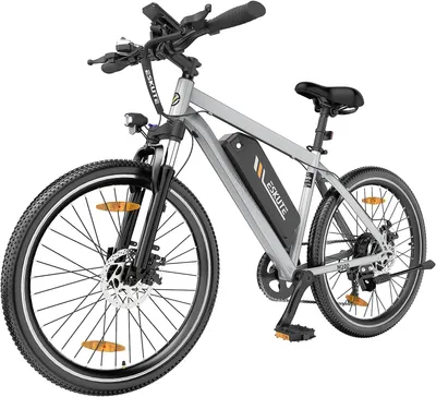 A studio shot of a silver electric bicycle against a white background.