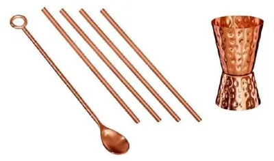 Produktbild von Barzubehör Set - Barlöffel, Messbecher und Strohhalme aus reinem Kupfer