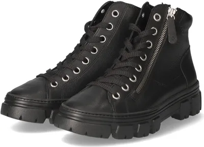 A pair of black leather high-top boots with laces and a side zipper, presented on a white background.