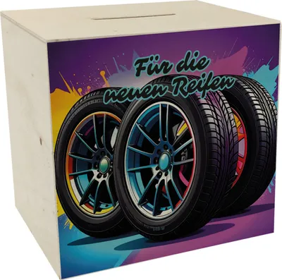 Produktbild von Für die neuen Reifen Spardose aus Holz