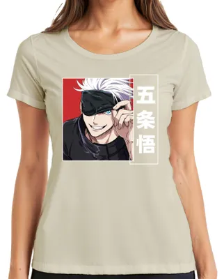 Immagine prodotto di Jujutsu Kaisen Gojo Satoru 五条悟: maglietta da donna con motivo anime, benda sugli occhi e capelli bianchi, colore naturale, taglia M