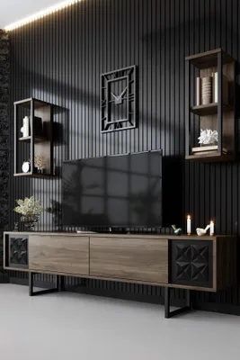 Produktbild von skye-decor TV-Möbel, Walnuss-Schwarz, Black Line, 180x48x30 cm, mit schwebendem Effekt und Metallfüßen, aus melaminbeschichteter Spanplatte, inkl. 2 Wandregale (je 22x21x60 cm), Made in Türkei