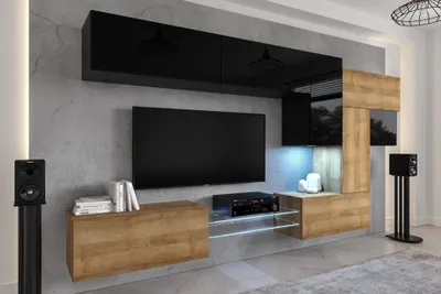 Produktbild von Furnitech Wohnwand Wohnzimmer - Wohnzimmer Möbel mit LED Blau - Hängend Wohnwand Modern - Regale und TV Schrank (AN92NEW-21BDZ-HGM24)