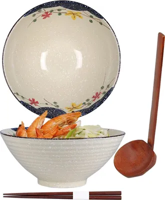 Produktbild von Ramen-Schüssel Japanische Keramikschale mit Löffel und Essstäbchen - 1200 ml - Vintage-Stil Müsli- und Salatschüssel - Asiatisches Geschirr