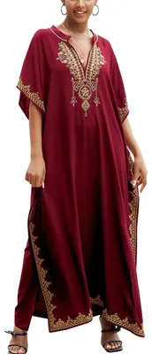 Immagine prodotto di Solidchoice - Caftano da donna, estate, cotone, fiori, stile bohémien, kimono, vestito, rosso