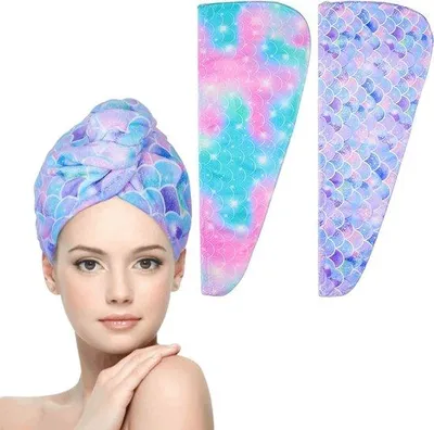 Zdjęcie produktu dla Ibenzoa® Zestaw 2 sztuk mikrofibrowych turbanów do włosów – wyjątkowo chłonne i szybko schnące, 64 × 24,9 cm, z zawiązaniami i elastyczną pętelką, dla kobiet i dzieci (motyw jednorożca/syreny)