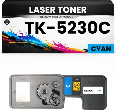 The image shows the packaging and the product itself for a cyan laser toner cartridge.