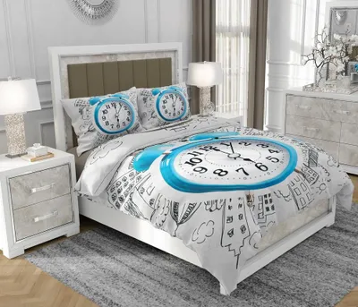 Produktbild von Bettwäsche 200x220 cm + 2x70x80 cm, 3-teilig, 100% Baumwolle, Satin, Reißverschluss, Uhr, Weiß - SOVIO | So.0256