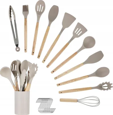 Produktbild von Silikon Küchenutensilien-Set mit Holzgriffen, 12-teilig, Khaki