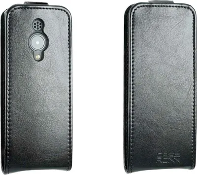 A black leather flip case for a smartphone, shown from the front and back.