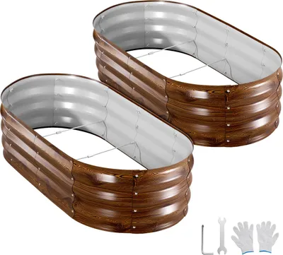 Zdjęcie produktu dla SucceBuy Metalowa podwyższona grządka, zestaw 2 szt., 120 x 60 x 30 cm, owalna skrzynka do uprawy roślin na zewnątrz, grządka ogrodowa bez dna, z rękawiczkami, odpowiednia do kwiatów i warzyw