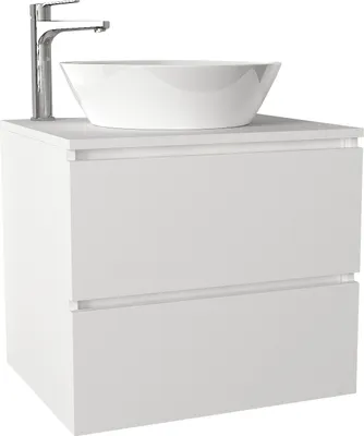 A white bathroom vanity with a vessel sink and faucet.