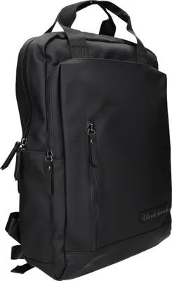 Produktbild von Schwarzer Rucksack aus glattem Kunstleder, 33x40x10 cm, mit Laptopfach, gepolsterten Schultergurten und Seitenfächern
