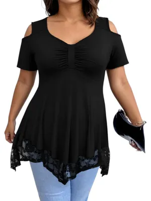 Obrázok produktu pre Dámske tričko vo veľkosti Plus Size s odhalenými ramenami, krátkymi rukávmi, asymetrickým lemom a čipkou, veľkosť 52