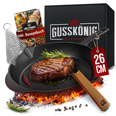 Produktbild von GUSSKÖNIG Gusseisenpfanne - 26cm Pfanne Gusseisen - Grillpfanne Gasgrill - Eingebrannte Gusseisen-Pfanne - Cast Iron Pan - Robuste Gusspfanne