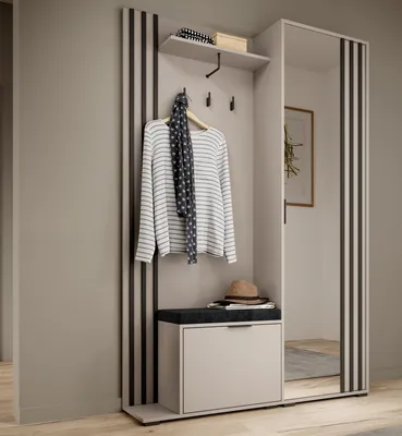 Produktbild von Garderobe STILO 131 cm Flur Set Spiegel Sitzkissen Kaschmir Schwarze Lamellen