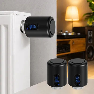 Zdjęcie produktu dla Zestaw 2 termostatów grzejnikowych Ikodm, sterownik grzewczy WiFi, kolor czarny, kompatybilny z aplikacjami Smart Life/Tuya, z blokadą rodzicielską, w zestawie 7 adapterów