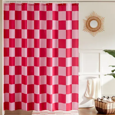 Produktbild von Karierter Duschvorhang fürs Badezimmer, schönes Retro-Karomuster, Duschvorhang im Vintage-Stil, maschinenwaschbar, Stoffduschvorhang, rosa, 183 x 183 cm
