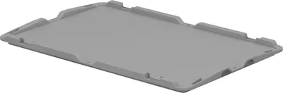 A gray plastic lid for a storage box is shown from a slightly elevated angle against a white background.