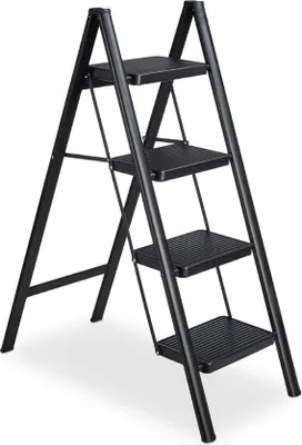 A black four-step folding ladder is shown against a white background.