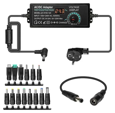 Produktbild von 120W Einstellbares Netzteil 100-240V AC zu 3-24V DC 5A Universal Stromversorgung mit LCD Anzeige und 14 Steckern