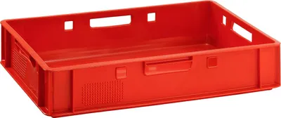 A red plastic crate is shown from a slightly elevated side angle against a white background.