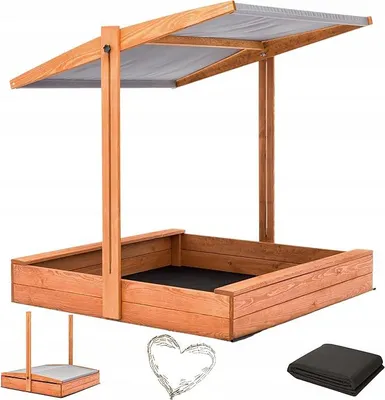 Produktbild von Sandkasten mit Dach 120x120 Imprägniert Modell 2025 mit Sonnenschutz mit UV 100+ Schutz Sandbox mit Sandkastenvlies Holz, Sandkiste Sandbox Anthrazit (120x120 mit Dach Grau)