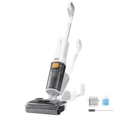 A white and gray wet and dry vacuum cleaner is shown against a white background, with some accessories to the right.