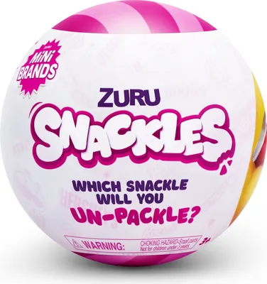 A round, white surprise ball with pink stripes on top, featuring the ZURU Snackles logo and text.