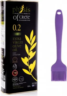 A can of olive oil and a silicone brush against a white background.