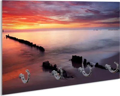 Produktbild von Wallario Handtuchhalter aus Glas, Motiv: Sandstrand im Sonnenuntergang - Roter Himmel, 30 x 20 cm mit 4 Haken