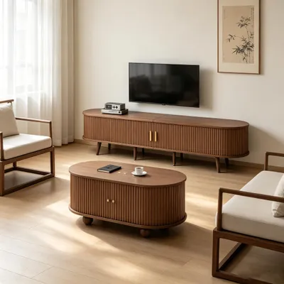 Produktbild von STILVORA Wohnzimmermöbel-Sets mit TV-Schrank und Couchtisch,Wohnzimmerschrank mit Schiebetüren,ovale Kombination aus MDF,braun