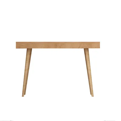 A wooden table with four legs, shown from the front.