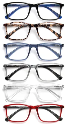 Produktbild von OPULIZE INK Lesebrille für Damen und Herren, großer rechteckiger Rahmen mit Federscharnieren & kratzfest, Schwarz Braun Schildpatt Blau Grau Klar Rot, +2,5 (6 Stück)