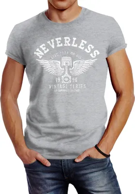 Produktbild von Herren T-Shirt Biker Motorrad Motorblock Engine Flügel Wings Slim Fit Neverless® grau XXL
