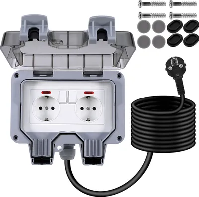 Produktbild von Außensteckdose Gartensteckdose Outdoor Steckdose 16A IP66 Wasserdicht Staubdicht Wandsteckdose 2 Loch mit Schalter - Kabel 6m