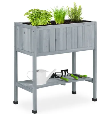 Zdjęcie produktu dla Relaxdays Podwyższona grządka drewniana, grządka na palach, wymiary: 80,5 x 74 x 38 cm, do ogrodu, na balkon i taras, z folią, szara