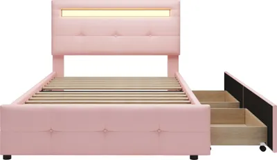 Produktbild von Flieks Polsterbett 90x200cm, Kinderbett mit Schubladen und Lattenrost, Jugendbett Einzelbett mit Led, Holzbett für Damen Kinder Jugend, Leinen, Rosa