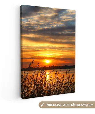 Produktbild von MuchoWow® - Leinwandbilder - Sonnenuntergang - Meer - Horizont - Himmel - Pflanzen, Wandbild, Wanddeko Bilder Wohnzimmer, 40x60 cm