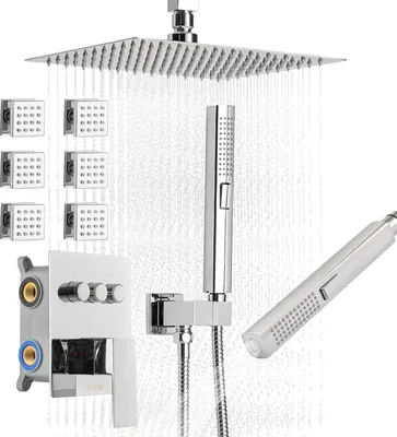 Produktbild von VEVOR Duschsystem-Set mit 10 Zoll Regenduschsystem / 6 Körperbrausen / 2 in 1 Handbrause, drehbarer Regenkopfsystem (3 Funktionen), Messingventil und Verkleidungssatz, Chrom Badezimmer