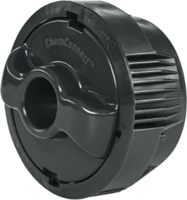 A close-up, studio shot of a black chemical dispenser for a pool.