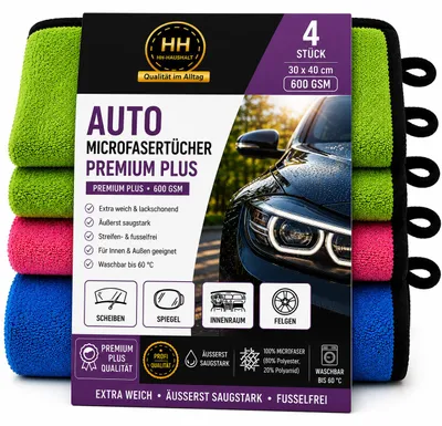 Produktbild von Auto Microfasertücher Premium Soft 600 GSM 30 x 40 cm 4er Set, KI-generiertes Bild