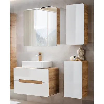 Produktbild von Badezimmer Möbelset mit Keramik Waschtisch LUTON-56 in Hochglanz weiß mit Wotan Eiche Nb., B/H/T ca. 130/200/46 cm
